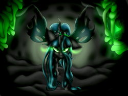 Size: 5977x4487 | Tagged: safe, artist:beamybutt, imported from derpibooru, queen chrysalis, changeling, changeling queen, cave, cocoon, crown, female, glowing, glowing eyes, jewelry, regalia, solo, sombra eyes