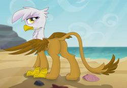 Size: 1280x887 | Tagged: safe, artist:pzkratzer, imported from derpibooru, gilda, griffon, back, beach, butt, cute, plot, spread wings, wings