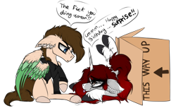 Size: 1118x683 | Tagged: safe, artist:beamybutt, imported from derpibooru, oc, pegasus, pony, unicorn, :p, box, clothes, dialogue, duo, ear fluff, female, frown, horn, male, mare, pegasus oc, pony in a box, simple background, stallion, tongue out, transparent background, unicorn oc, wings