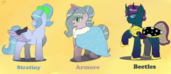 Size: 1280x557 | Tagged: safe, artist:schumette14, imported from derpibooru, oc, oc:armore, oc:beetles, oc:stratiny, changepony, crystal pony, hybrid, pegasus, unicorn, blind, next generation, offspring, parent:flitter, parent:king sombra, parent:party favor, parent:pharynx, parent:princess luna, parent:radiant hope, parents:flifavor, parents:hopebra, parents:lunarynx