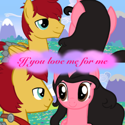 Size: 852x854 | Tagged: safe, artist:wavebreeze234, imported from derpibooru, flash magnus, oc, alicorn, pegasus, pony, alicorn oc, canon x oc, female, horn, male, mountain, pink text, smiling, straight, text, wings