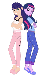 Size: 969x1553 | Tagged: safe, artist:wavebreeze234, imported from derpibooru, twilight sparkle, human, equestria girls, clothes, crossed arms, crossover, duo, duo female, female, marinette dupain-cheng, miraculous ladybug, pajamas, simple background, sleeveless, transparent background