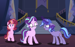 Size: 4000x2500 | Tagged: safe, artist:just-silvushka, imported from derpibooru, starlight glimmer, oc, oc:daydream glimmer, oc:pandora, pony, unicorn, angry, base used, female, glasses, glowing, glowing horn, horn, magical lesbian spawn, mare, offspring, parent:sunset shimmer, parent:twilight sparkle, parents:sunsetsparkle, sombra eyes