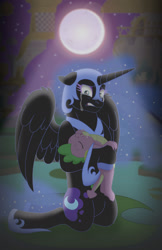 Size: 1024x1580 | Tagged: safe, artist:faitheverlasting, imported from derpibooru, nightmare moon, spike, alicorn, dragon, pony, blue eyes, canterlot, commission, crying, eyelashes, eyes closed, feather, female, flowing mane, hoof shoes, horn, male, moon, moonlight, night, sad, stars, teary eyes, teeth, water, wings