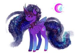 Size: 1280x905 | Tagged: safe, artist:brot-art, imported from derpibooru, oc, oc only, alicorn, pony, alicorn oc, black sclera, concave belly, crown, curved horn, ethereal mane, ethereal tail, eyelashes, female, galaxy mane, heterochromia, hooves, horn, jewelry, magical lesbian spawn, mare, offspring, parent:nightmare moon, parent:twilight sparkle, parents:twimoon, peytral, regalia, simple background, slim, solo, starry mane, starry tail, tail, thin, transparent background, wings