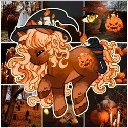 Size: 1280x1280 | Tagged: safe, artist:brot-art, imported from derpibooru, oc, oc only, pony, unicorn, candle, female, halloween, hat, holiday, hoof polish, horn, jack-o-lantern, mare, pumpkin, raised hoof, smiling, solo, unicorn oc, witch hat