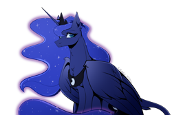 Size: 6000x4000 | Tagged: safe, artist:lucythunderforth, imported from derpibooru, princess luna, alicorn, pony, blue eyes, blue mane, blue tail, chest fluff, digital art, ethereal mane, eyelashes, female, flowing mane, flowing tail, folded wings, horn, looking at you, signature, simple background, sitting, solo, sparkles, starry mane, starry tail, stars, tail, transparent background, wings