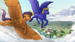 Size: 1915x1080 | Tagged: safe, artist:royvdhel-art, imported from derpibooru, oc, oc only, pegasus, pony, duo, flying, male, outdoors, spread wings, stallion, wings