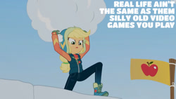 Size: 1280x720 | Tagged: safe, edit, edited screencap, editor:quoterific, imported from derpibooru, screencap, applejack, equestria girls, equestria girls series, holidays unwrapped, spoiler:eqg series (season 2), boots, female, flag, open mouth, saving pinkie's pie, shoes, snow, solo