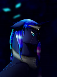 Size: 1280x1707 | Tagged: safe, artist:drawn-wolf, imported from derpibooru, princess luna, alicorn, pony, black background, blue eyes, blue mane, collar, crown, crying, dark, digital art, ethereal mane, feather, female, folded wings, horn, jewelry, moonlight, night, regalia, sad, simple background, solo, starry mane, teary eyes, wings