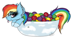 Size: 2103x1147 | Tagged: safe, artist:beamybutt, imported from derpibooru, rainbow dash, pegasus, pony, :p, candy, chocolate, cup, cup of pony, ear fluff, eyelashes, female, food, m&m's, mare, micro, simple background, skittles, solo, taste the rainbow, tongue out, transparent background