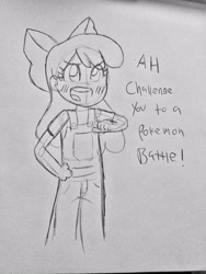 Size: 2448x3264 | Tagged: safe, artist:projectfirelights, imported from derpibooru, apple bloom, human, high res, humanized, pokémon, solo, text, traditional art