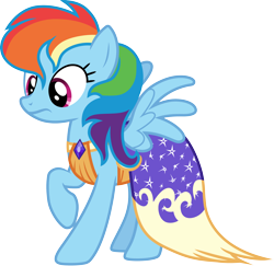 Size: 3000x2912 | Tagged: safe, artist:cloudy glow, imported from derpibooru, rainbow dash, pegasus, pony, make new friends but keep discord, .ai available, clothes, dress, female, gala dress, high res, mare, rainbow dash always dresses in style, raised hoof, simple background, solo, spread wings, transparent background, vector