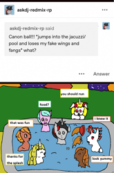 Size: 1169x1776 | Tagged: safe, artist:ask-luciavampire, imported from derpibooru, oc, alicorn, earth pony, pony, undead, unicorn, vampire, vampony, ask, hot tub, tumblr
