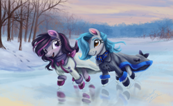 Size: 3375x2083 | Tagged: safe, artist:elisdoominika, imported from derpibooru, oc, oc:sweet elis, earth pony, pony, clothes, coat, female, high res, ice, ice skates, ice skating, looking at each other, looking at someone, mare, scarf, scenery, sky, smiling, smiling at each other, snow, sunset