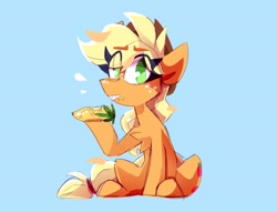 Size: 2819x2159 | Tagged: safe, artist:nekosnicker, imported from derpibooru, applejack, earth pony, pony, blue background, corn, eating, food, herbivore, high res, simple background, sitting, solo