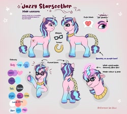 Size: 2388x2142 | Tagged: safe, artist:avui, imported from derpibooru, oc, oc:jazzy starsoother, unicorn, g5, high res, horn, my little pony: a new generation, reference sheet, unicorn oc