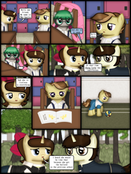 Size: 1750x2333 | Tagged: safe, artist:99999999000, imported from derpibooru, oc, oc only, oc:cwe, oc:li anna, oc:mar baolin, oc:zhang cathy, earth pony, pony, unicorn, comic:nice to meet you, ball, book, clothes, comic, female, filly, male, tree