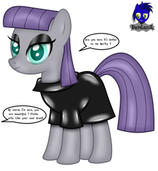 Size: 3840x4154 | Tagged: safe, artist:damlanil, imported from derpibooru, maud pie, earth pony, pony, clothes, comic, eyeshadow, female, implied rarity, latex, latex suit, makeup, mare, rubber, shiny, show accurate, simple background, smiling, solo, suit, text, transparent background, vector