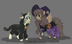 Size: 1280x780 | Tagged: safe, artist:purple-blep, imported from derpibooru, oc, oc only, oc:keylime, oc:paradise skies, cat, pegasus, pony, unicorn, bag, clothes, costume, duo, halloween, halloween costume, hat, holiday, looking at each other, looking at someone, saddle bag, simple background, witch costume, witch hat