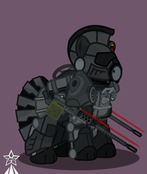 Size: 4245x5021 | Tagged: safe, artist:devorierdeos, imported from derpibooru, oc, oc only, earth pony, pony, fallout equestria, armor, browning m2, earth pony oc, gun, helmet, laser pointer, machine gun, pony oc, power armor, simple background, steel ranger, steel ranger knight, weapon