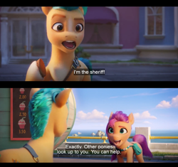 Size: 1596x1500 | Tagged: safe, edit, edited screencap, imported from derpibooru, screencap, hitch trailblazer, sunny starscout, earth pony, pony, spoiler:my little pony: a new generation, bag, building, comic, english, english subtitles, female, g5, male, mare, maretime bay, my little pony: a new generation, saddle bag, screencap comic, sheriff, stallion, subtitles