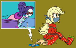Size: 2009x1276 | Tagged: safe, artist:bugssonicx, imported from derpibooru, applejack, rarity, equestria girls, arm behind back, bondage, bound and gagged, bound wrists, cellphone, cloth gag, clothes, drawing, footed sleeper, footie pajamas, gag, glasses, glasses rarity, nightgown, onesie, over the nose gag, pajamas, phone, phone call, ponytail, rope, rope bondage, smartphone, sweat, sweatdrop, tied up, tongue out, vibrating