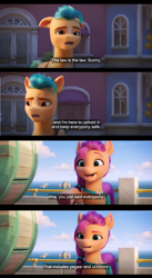 Size: 1596x2912 | Tagged: safe, edit, edited screencap, imported from derpibooru, screencap, hitch trailblazer, sunny starscout, earth pony, pony, spoiler:my little pony: a new generation, bag, building, comic, english, english subtitles, female, g5, hoof pointing, male, mare, maretime bay, my little pony: a new generation, saddle bag, screencap comic, semantics, stallion, subtitles
