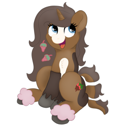 Size: 2000x2000 | Tagged: safe, artist:doodledonutart, imported from derpibooru, oc, oc only, oc:strawberry cocoa, monster pony, pony, unicorn, derpibooru community collaboration, 2022 community collab, accessory, anklet, blaze (coat marking), blue eyes, brown coat, coat markings, colored, colored hooves, digital art, eyelashes, facial markings, female, food, happy, high res, hoof ring, horn, lighter underbelly, long mane, looking forward, mare, open mouth, segmented tail, simple background, sitting, solo, strawberry, tail, tongue out, transparent background, two toned coat, unicorn oc, unshorn fetlocks