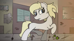 Size: 2560x1440 | Tagged: safe, artist:straighttothepointstudio, imported from derpibooru, oc, oc only, oc:brioche, earth pony, pony, fallout equestria, angry, blonde hair, blood, blue eyes, brick, building, colored, digital art, fallout, grenade, sidewalk, solo, window