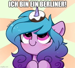 Size: 551x500 | Tagged: safe, artist:kittyrosie, edit, imported from derpibooru, izzy moonbow, pony, unicorn, caption, cute, donut, food, g5, german, horn, horn impalement, i am a jelly donut, ich bin ein berliner, image macro, izzybetes, john f. kennedy, meme, my little pony: a new generation, solo, text, the uses of unicorn horns, translated in the comments