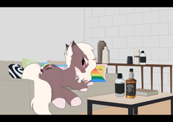 Size: 4092x2893 | Tagged: safe, alternate version, artist:syntiset, imported from derpibooru, oc, oc only, oc:sunrise roast, pony, unicorn, alcohol, commission, ears, female, floppy ears, full body, glowing, glowing eyes, horn, jack daniels, licking, licking lips, sofa bed, solo, table, tail, tongue out, underhoof, wall, whiskey, ych result, your character here