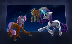 Size: 4320x2650 | Tagged: safe, artist:yarugreat, imported from derpibooru, rarity, sweetie belle, pony, unicorn, space, spaceship, spacesuit, stars, tabun art-battle, zero gravity