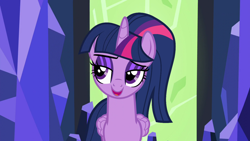 Size: 1280x720 | Tagged: safe, edit, edited screencap, editor:severity-gray, imported from derpibooru, screencap, twilight sparkle, alicorn, pony, alternate hairstyle, bedroom eyes, eyeshadow, female, makeup, mare, open mouth, open smile, ponytail, smiling, solo, twilight sparkle (alicorn)