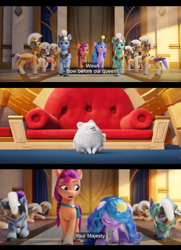 Size: 1600x2208 | Tagged: safe, edit, edited screencap, imported from derpibooru, screencap, izzy moonbow, sunny starscout, dog, earth pony, pegasus, pomeranian, pony, unicorn, spoiler:my little pony: a new generation, armored pony, ball, bowing, cloudpuff, comic, english, english subtitles, female, flying pomeranian, g5, guardsmare, helmet, izzy's tennis ball, male, mare, my little pony: a new generation, pegasus royal guard, plume, royal guard, screencap comic, stallion, subtitles, tennis ball, throne, thunder flap, winged dog, zoom zephyrwing