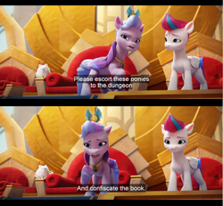 Size: 1600x1476 | Tagged: safe, edit, edited screencap, imported from derpibooru, screencap, queen haven, zipp storm, dog, pegasus, pomeranian, pony, spoiler:my little pony: a new generation, cloudpuff, comic, crown, english, english subtitles, female, g5, jewelry, mare, my little pony: a new generation, regalia, screencap comic, subtitles, throne, throne room