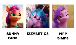 Size: 2500x1500 | Tagged: safe, edit, edited screencap, imported from derpibooru, screencap, izzy moonbow, pipp petals, sunny starscout, earth pony, pegasus, pony, unicorn, spoiler:my little pony: a new generation, chart, cropped, fit right in (g5), g5, glasses, my little pony: a new generation, shitposting, slur, smiling, vulgar