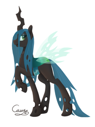 Size: 1200x1600 | Tagged: safe, artist:sugarponypie, imported from derpibooru, queen chrysalis, changeling, changeling queen, female, lidded eyes, looking at you, profile, raised hoof, simple background, smiling, solo, spread wings, white background, wings
