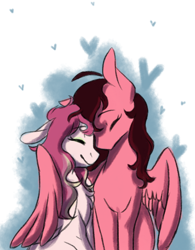 Size: 1024x1315 | Tagged: safe, artist:snowolive, imported from derpibooru, oc, oc only, pegasus, pony, abstract background, chest fluff, duo, eyes closed, female, floppy ears, heart, hug, lesbian, mare, oc x oc, shipping, simple background, sitting, smiling, transparent background, winghug, wings