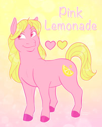 Size: 1280x1586 | Tagged: safe, artist:goldypirate, imported from derpibooru, oc, oc only, oc:pink lemonade, earth pony, pony, abstract background, cutie mark, female, food, heart, lemon, mare, ponysona, solo