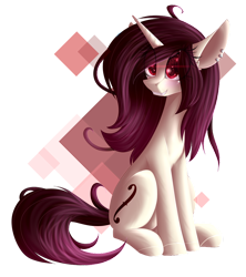 Size: 900x1014 | Tagged: safe, artist:mediasmile666, imported from derpibooru, oc, oc only, oc:hazel, pony, unicorn, abstract background, blushing, cutie mark, ear piercing, earring, eye clipping through hair, eye reflection, female, gift art, grin, jewelry, mare, piercing, reflection, simple background, sitting, smiling, solo, transparent background