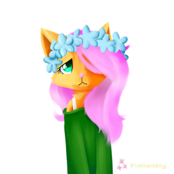 Size: 1024x1024 | Tagged: safe, artist:myralilth, artist:snowolive, imported from derpibooru, fluttershy, anthro, cat, catified, clothes, collaboration, female, floral head wreath, flower, fluttercat, hair over one eye, looking at you, off shoulder, off shoulder sweater, simple background, solo, species swap, sweater, sweatershy, transparent background