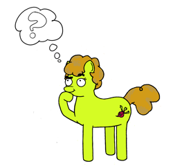 Size: 1300x1250 | Tagged: safe, artist:potatoconnoisseur, derpibooru exclusive, imported from derpibooru, oc, oc only, oc:up beet, earth pony, pony, earth pony oc, eyebrows, eyebrows visible through hair, female, full body, looking up, mare, question mark, raised eyebrow, simple background, solo, standing, tail, thinking, thought bubble, white background