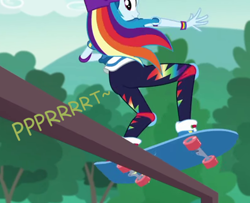 Size: 752x611 | Tagged: safe, artist:thedarkpony, edit, edited screencap, imported from derpibooru, screencap, rainbow dash, equestria girls, sic skateboard, spoiler:eqg series (season 2), ass, butt, cropped, fart, fart edit, fart noise, female, onomatopoeia, rainbutt dash, sound effects