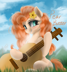 Size: 1244x1342 | Tagged: safe, artist:fluttersheeeee, imported from derpibooru, pear butter, earth pony, pony, blushing, cutie mark, female, flower, flower in hair, guitar, looking sideways, mare, musical instrument, sitting, smiling, solo