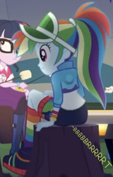 Size: 461x720 | Tagged: safe, artist:thedarkpony, edit, edited screencap, imported from derpibooru, screencap, rainbow dash, sci-twi, twilight sparkle, equestria girls, clothes, cropped, fart, fart edit, fart noise, female, onomatopoeia, shorts, sitting, sound effects