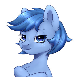 Size: 1024x1024 | Tagged: safe, artist:niia56, imported from derpibooru, oc, oc only, pony, crossed hooves, ear fluff, eyebrows, eyebrows visible through hair, eyelashes, female, freckles, lidded eyes, looking at you, mare, oc name needed, simple background, solo, white background