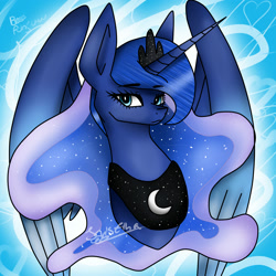 Size: 2000x2000 | Tagged: safe, artist:krissograph, imported from derpibooru, princess luna, alicorn, pony, abstract background, big ears, bust, ethereal mane, eyebrows, eyebrows visible through hair, female, high res, jewelry, looking at you, mare, regalia, solo, starry mane