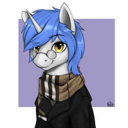 Size: 2820x2820 | Tagged: safe, artist:printik, imported from derpibooru, oc, oc only, oc:silver rope, pony, unicorn, abstract background, clothes, coat, commission, eye clipping through hair, glasses, high res, looking at you, male, raised eyebrow, scarf, smiling, solo, stallion