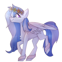 Size: 1024x1014 | Tagged: safe, artist:amyszek, imported from derpibooru, oc, oc only, pegasus, pony, art trade, chest fluff, female, floral head wreath, flower, leg wraps, mare, simple background, smiling, solo, transparent background